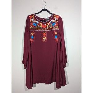 Jodifl Burgundy Floral Embroidered Yoke Boho‎ Dress Women Size L